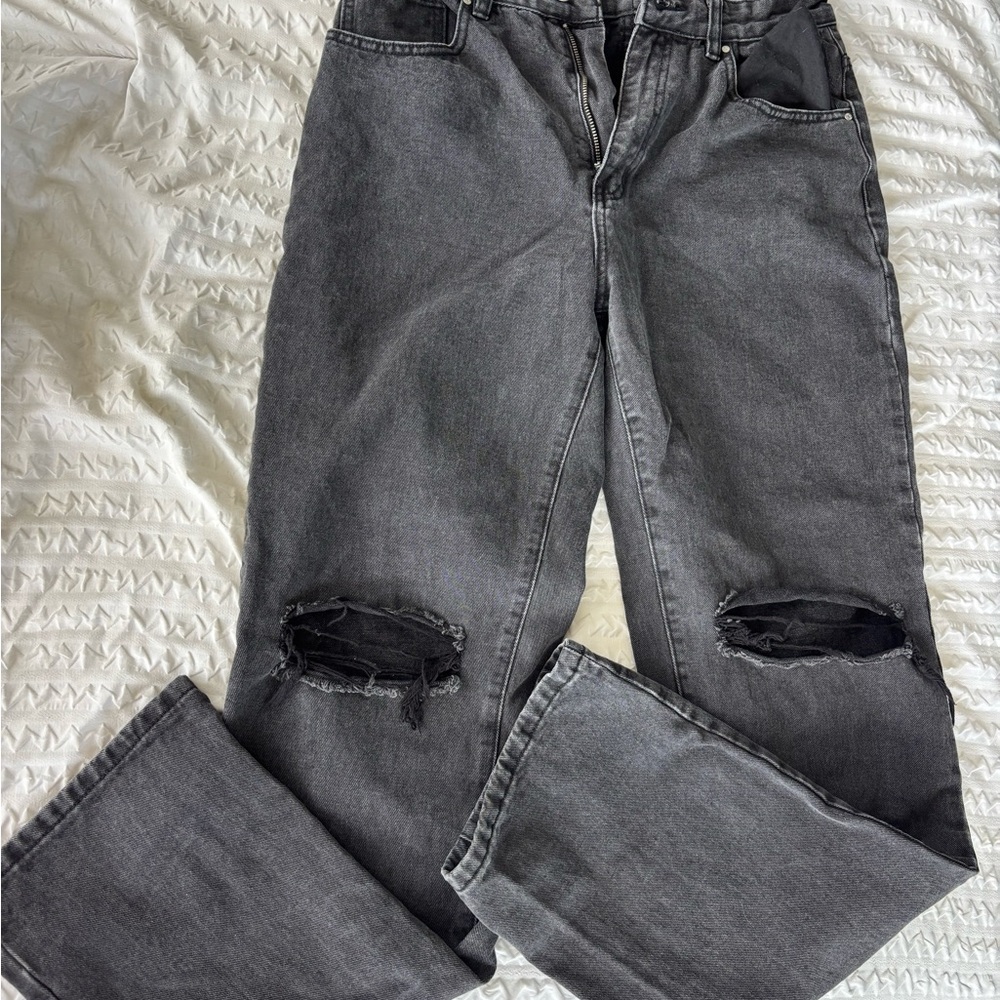Distressed Washed Black Jeans Knee Rip High Waist